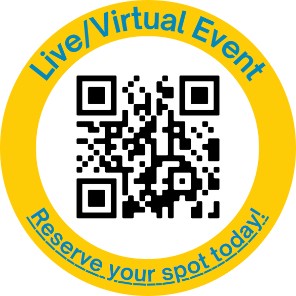 QR code to make reservation with text "Live/Virtual Event, Reserve your spot today!"